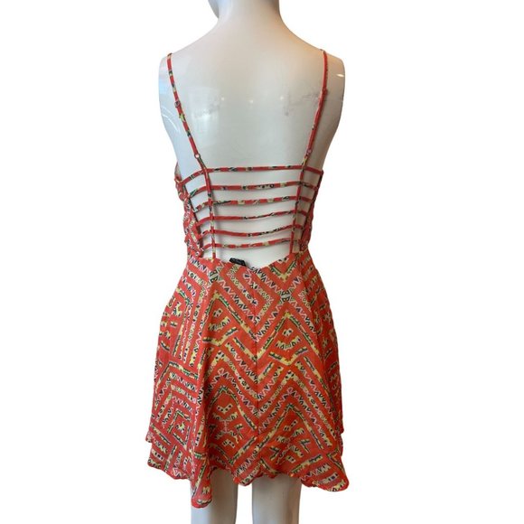 Fire Los Angeles Women Fit & Flare Dress FDW004804 Caged Back Geometric Orange M - Picture 3 of 9